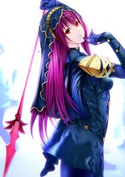 Rule 34 | 1girl, absurdres, armor, bodysuit, emanon123, fate/grand order, fate (series), highres, lips, pink hair, polearm, red eyes, scathach (fate), scathach (fate), shoulder armor, solo, spear, veil, weapon