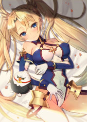 Rule 34 | 1girl, armor, bare shoulders, blonde hair, blue eyes, blush, bradamante (fate), bradamante (first ascension) (fate), braid, breasts, cleavage, closed mouth, covered navel, elbow gloves, fate/grand order, fate (series), faulds, french braid, gloves, hair between eyes, highleg, highleg leotard, hip focus, hippogriff, leotard, long hair, looking at viewer, lying, medium breasts, on back, seiru (prairie), solo, stuffed toy, thighs, twintails, very long hair