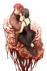 Rule 34 | 1boy, 1girl, baccano!, bad id, bad pixiv id, black dress, black footwear, black hair, blood, chane laforet, claire stanfield, dress, closed eyes, flower, full body, hand on another&#039;s face, hand on another&#039;s hip, highres, hug, imminent kiss, kneeling, open mouth, red hair, rose, shoes, sitting, xiaoren359