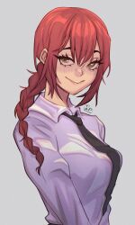 Rule 34 | 1girl, artist name, black necktie, braid, breasts, brown eyes, chainsaw man, commentary, english commentary, eyebrows hidden by hair, highres, large breasts, mahmapuu, makima (chainsaw man), necktie, red hair, selfie, single braid, smile, solo, upper body, watermark