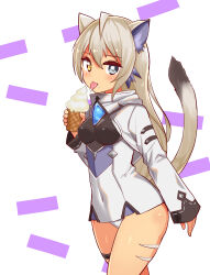 Rule 34 | 1girl, ahoge, animal ears, blue eyes, body markings, cat ears, cat girl, cat tail, commentary, cougar (cougar1404), cowboy shot, dark-skinned female, dark skin, eating, food, food on face, grey hair, heterochromia, holding, holding food, ice cream cone, jacket, long hair, long sleeves, looking at viewer, no pants, original, panties, silui (cougar1404), solo, standing, tail, tiger stripes, tongue, tongue out, underwear, white background, white jacket, white panties, yellow eyes