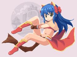 Rule 34 | 1girl, animal ears, bikini, bikini top only, blue hair, blush, boots, bow, brown gloves, cat ears, clock, clock tower, closed mouth, commentary, elbow gloves, emurin, english commentary, flat chest, full body, gloves, gold trim, green eyes, hair bow, hugging own legs, long hair, looking at viewer, mage (ragnarok online), majiko (emurin), midriff, multiple hair bows, navel, pelvic curtain, pixel art, ragnarok online, red bikini, red bow, red footwear, red skirt, showgirl skirt, skirt, smile, solo, star-shaped pupils, star (symbol), swimsuit, symbol-shaped pupils, tower