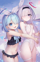 Rule 34 | 2girls, :d, plana (blue archive), arona (blue archive), bikini, black bikini, black hairband, blue archive, blue hair, bow, bow hairband, breasts, colored inner hair, covered navel, hair over one eye, hairband, halo, highleg, highleg swimsuit, highres, long hair, looking at viewer, multicolored hair, multiple girls, navel, neckerchief, one-piece swimsuit, open mouth, outdoors, pink hair, saebashi, sailor collar, skindentation, sky, small breasts, smile, swimsuit, thigh strap, thighs, very long hair, water, white bow, white hair, white hairband, white neckerchief, white one-piece swimsuit, white sailor collar
