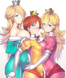 Rule 34 | 3girls, blonde hair, blue eyes, blush, breast press, breasts, brown hair, covered navel, crown, dress, earrings, girl sandwich, hair over one eye, jewelry, large breasts, long hair, looking at viewer, mario (series), medium breasts, multiple girls, nagase haruhito, nintendo, princess daisy, princess peach, rosalina, sandwiched, shiny clothes, skin tight, small breasts, super mario galaxy, super mario land, thigh grab, tomboy, white background