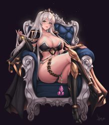 Rule 34 | 1girl, armrest, boots, breasts, capelet, chair, cleavage, commission, crossed legs, crown, dungeon and fighter, elbow gloves, gloves, green eyes, high heel boots, high heels, highres, impossible clothes, jewelry, knee boots, large breasts, long hair, looking at viewer, mad kimo, panties, panty peek, playing with own hair, seductive smile, shiny skin, shoulder pads, sitting, smile, solo, thick thighs, thigh strap, thighs, underwear, white hair