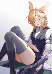 Rule 34 | 1girl, :d, ^ ^, absurdres, animal ears, arknights, black footwear, black gloves, black shorts, black vest, blonde hair, blush, boots, bow (weapon), braid, closed eyes, collared shirt, commentary request, cross-laced footwear, crossbow, facing viewer, gloves, grey thighhighs, highres, knee boots, knees up, kroos (arknights), kroos the keen glint (arknights), lace-up boots, long hair, long sleeves, mo ying yu, open mouth, partially fingerless gloves, rabbit ears, rabbit girl, shirt, short shorts, shorts, sitting, smile, solo, thighhighs, vest, weapon, white shirt