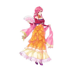 Rule 34 | 1girl, absurdres, bare shoulders, commentary request, detached collar, dress, ethlyn (fire emblem), ethlyn (masquerade) (fire emblem), fingernails, fire emblem, fire emblem: genealogy of the holy war, fire emblem heroes, full body, hand fan, highres, holding, holding fan, kaya8, long dress, long hair, looking at viewer, nintendo, official art, parted lips, pink eyes, pink hair, purple footwear, sidelocks, smile, solo, standing, strapless, strapless dress, white background, white legwear