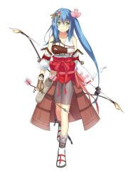 Rule 34 | 1girl, arrow (projectile), bike shorts, blue hair, bow (weapon), collarbone, flower, full body, green eyes, grey shorts, hair flower, hair ornament, highres, holding, holding weapon, long hair, looking at viewer, pink flower, shirohime quest, shorts, side ponytail, simple background, smile, socks, solo, standing, very long hair, weapon, white background, white socks, yamatokouriyama (shirohime quest)