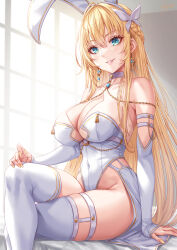 Rule 34 | 1girl, animal ears, aqua eyes, bare shoulders, blonde hair, braid, breasts, cleavage cutout, clothing cutout, commentary request, covered navel, crossed legs, detached sleeves, earrings, fake animal ears, feet out of frame, hairband, highleg, highleg leotard, highres, jewelry, large breasts, leotard, long hair, long sleeves, looking at viewer, nail polish, original, parted lips, playboy bunny, rabbit ears, sakiyamama, sitting, smile, solo, thighhighs, thighs, white hairband, white leotard, white thighhighs