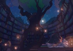 Rule 34 | 1boy, 2girls, arms on table, black hair, blonde hair, blue shirt, book, bookshelf, brown hair, dress, earth (planet), floating lights, hat, head on table, highres, ladder, lantern, library, long hair, long sleeves, multiple girls, night, night sky, original, overgrown, planet, planetary ring, purple dress, roots, scenery, seoby, shirt, short hair, signature, sitting, sky, spiral staircase, stairs, standing, star (sky), starry sky, studying, table, tree, white shirt, witch, witch hat