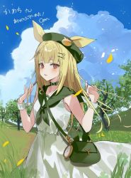 Rule 34 | 1girl, animal ears, bag, blonde hair, blush, chiemo (xcem), commission, dress, flower, grass, green hat, handbag, hat, looking at viewer, open mouth, original, rabbit ears, rabbit girl, red eyes, sailor dress, skeb commission, solo, sunflower, vrchat