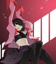 Rule 34 | 1girl, armpits, arms up, black eyes, black hair, black pantyhose, black shirt, bob cut, breasts, commentary, cropped shirt, empty eyes, falling, feet out of frame, from below, gradient background, hair over eyes, hands up, highres, knees up, long sleeves, looking ahead, midriff, monogatari (series), naoetsu high school uniform, navel, open clothes, open mouth, open shirt, open skirt, oshino ougi, owarimonogatari, pantyhose, pink shirt, pleated skirt, puffy sleeves, purple skirt, red background, school uniform, shards, shirt, short hair, skirt, sleeveless, sleeveless turtleneck, sleeves past fingers, sleeves past wrists, solo, teeth, turtleneck, underboob, undressing, unzipped, upper teeth only, window, yamanami kousuke