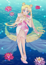 Rule 34 | 1girl, artist name, bishoujo senshi sailor moon, blonde hair, blue eyes, bracelet, china dress, chinese clothes, commentary, crescent, crescent earrings, double bun, dress, earrings, english commentary, floral print, flower, full body, hair bun, high-low skirt, high heels, highres, jewelry, koya, long hair, lotus, lotus print, own hands together, print dress, see-through skirt layer, sitting, star (symbol), star earrings, tsukino usagi, twintails, water, white footwear