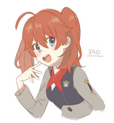 Rule 34 | 1girl, ahoge, arm up, blue eyes, blush, breasts, brown hair, darling in the franxx, hair between eyes, long sleeves, looking at viewer, medium hair, miku (darling in the franxx), military, military uniform, open mouth, simple background, solo, teeth, twintails, unapoppo, uniform, upper body, white background