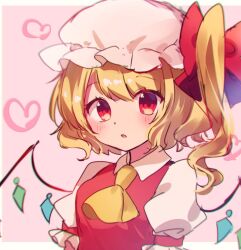 Rule 34 | 1girl, ascot, blonde hair, commentary, crystal, flandre scarlet, hat, heart, heart background, highres, looking at viewer, medium hair, mob cap, moshihimechan, one-hour drawing challenge, one side up, open mouth, pink background, red eyes, short sleeves, solo, touhou, upper body, white hat, wings, yellow ascot