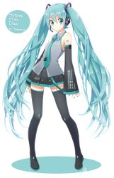 Rule 34 | 1girl, absurdres, aqua eyes, aqua hair, aqua nails, aqua necktie, artist name, badge, bare shoulders, black skirt, black sleeves, black thighhighs, boots, character name, commentary, contrapposto, derivative work, detached sleeves, full body, grey shirt, hair ornament, hatsune miku, headphones, headset, highres, long hair, looking at viewer, miniskirt, nail polish, necktie, piano print, pigeon-toed, pleated skirt, shirt, shoulder tattoo, signature, skirt, sleeveless, sleeveless shirt, smile, solo, standing, tattoo, thigh boots, thighhighs, tie clip, twintails, very long hair, vocaloid, vocaloid boxart pose, white background, yomo (rb crr), zettai ryouiki