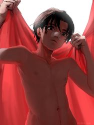 Rule 34 | 1boy, backlighting, bandaid, bandaid on face, bandaid on nose, black hair, character request, closed mouth, collarbone, copyright request, highres, male focus, navel, navel piercing, nipples, nude, piercing, short hair, solo, tairiku, twitter username