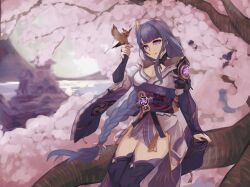 1girl arm_support bird bird_on_hand black_thighhighs breasts cherry_blossoms cleavage commentary elsie eyelashes genshin_impact highres in_tree japanese_clothes long_hair outdoors purple_eyes purple_hair raiden_shogun red_ribbon ribbon sitting sitting_in_tree solo thighhighs tree wide_sleeves