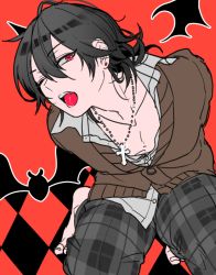 Rule 34 | 10s, 1boy, bad id, bad pixiv id, barefoot, black hair, cardigan, cross, cross necklace, ensemble stars!, fang, jewelry, long hair, male focus, necklace, one eye closed, open clothes, open mouth, open shirt, pants, pectorals, plaid, plaid pants, red background, red eyes, sakuma rei (ensemble stars!), solo, tongue, tubuan oisii, unbuttoned, unbuttoned shirt