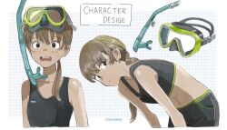Rule 34 | 1girl, artist name, bent over, black hair, blonde hair, character sheet, choppy bangs, commentary, cropped arms, cropped legs, cropped torso, diving mask, english text, engrish text, goggles, low ponytail, original, ranguage, romaji text, sakurada22, sidelocks, simple background, snorkel, sweatdrop, swimsuit, wavy mouth