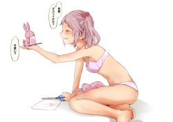 Rule 34 | 1girl, animal, bare arms, bare legs, bare shoulders, barefoot, blush, bra, breasts, brown hair, closed eyes, hair bobbles, hair ornament, hand mirror, hand up, holding, holding animal, kantai collection, looking away, mirror, navel, panties, parted lips, pink bra, pink panties, profile, rabbit, reflection, rizzl, sazanami (kancolle), scissors, shadow, small breasts, smile, soles, solo, twintails, underwear, underwear only, white background