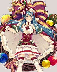 Rule 34 | 1girl, aqua eyes, aqua hair, bad id, bad twitter id, blush, bow, box, candle, cape, dress, eirika (fire emblem), eirika (winter) (fire emblem), fire emblem, fire emblem: the sacred stones, fire emblem heroes, fur trim, gift, gift box, gloves, hasebe (17 feh), hat, highres, holding, holding staff, long hair, nintendo, open mouth, pom pom (clothes), red gloves, red hat, santa costume, santa hat, sleeveless, sleeveless dress, solo, staff, thighhighs, zettai ryouiki