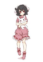 Rule 34 | 1girl, absurdres, animal, animal ears, black hair, boots, bow, closed mouth, commentary request, cowlick, floppy ears, footwear bow, frilled skirt, frills, full body, highres, holding, holding animal, holding rabbit, inaba mob (touhou), inaba tewi, looking at viewer, medium bangs, pink footwear, pink shirt, pink skirt, rabbit, rabbit ears, rabbit girl, red bow, red eyes, ribbon-trimmed skirt, ribbon trim, shirt, short hair, short sleeves, simple background, skirt, smile, solo, touhou, walking, watanukimurama, white background