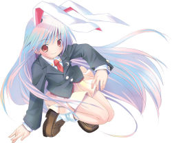 Rule 34 | 1girl, animal ears, blazer, blue hair, blush, crescent, female focus, full body, gradient hair, jacket, loafers, long hair, looking at viewer, miniskirt, multicolored hair, necktie, pink hair, pleated skirt, pop, rabbit ears, red eyes, red necktie, reisen udongein inaba, shoes, simple background, skirt, smile, socks, solo, squatting, straight hair, touhou, very long hair, white background, white socks