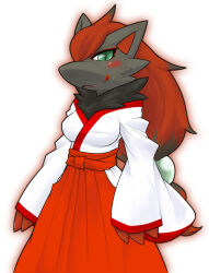 Rule 34 | 1girl, :3, animal ears, animal hands, beads, black fur, black hair, blush, body fur, breasts, claws, colored tips, creatures (company), eyeliner, female focus, furry, furry female, game freak, gen 5 pokemon, green eyes, grey fur, hair beads, hair ornament, hakama, hakama skirt, happy, highres, hip vent, japanese clothes, kame (3t), kimono, large breasts, long hair, long sleeves, looking at viewer, low-tied long hair, multicolored hair, neck fur, nintendo, open mouth, outline, pokemon, pokemon (creature), red eyeliner, red hair, red hakama, red outline, simple background, skirt, smile, snout, solo, standing, two-tone fur, white background, white kimono, wide sleeves, wolf ears, wolf girl, zoroark