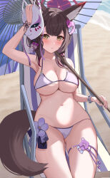 Rule 34 | absurdres, animal ears, beach, bikini, blue archive, blush, breasts, brown eyes, brown hair, chair, chinese knot, cleavage, flower, fox ears, fox girl, fox mask, fox tail, gluteal fold, guree (haiiro), hair flower, hair ornament, highres, large breasts, looking at viewer, lounge chair, mask, mask on head, micro bikini, navel, parted lips, swimsuit, tail, thigh strap, umbrella, underboob, wakamo (blue archive), yellow eyes