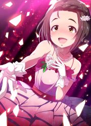 Rule 34 | 1girl, :d, bare shoulders, blush, braid, breath, brown hair, dress, flower, gloves, hair flower, hair ornament, hand on own chest, happy tears, idolmaster, idolmaster cinderella girls, jewelry, natsumi akira, necklace, open mouth, outstretched arm, pearl necklace, short hair, smile, solo, sparkle, tears, white gloves, yanase miyuki, yellow eyes