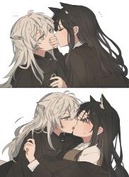 Rule 34 | ..., 2girls, animal ear fluff, animal ears, arknights, black hair, black jacket, black nails, blush, covering another&#039;s eyes, covering another&#039;s mouth, extra ears, fingernails, grey eyes, grey hair, highres, jacket, kiss, lappland (arknights), looking at another, multiple girls, sequential, seri (vyrlw), sweatdrop, texas (arknights), white background, wolf ears, yuri