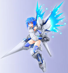 Rule 34 | 1girl, bare shoulders, blue hair, blue thighhighs, bob cut, breasts, densou tenshi valforce, elbow gloves, flat chest, gloves, hair intakes, hair ornament, huge weapon, kannagi ai, karukan (monjya), lance, mecha musume, mechanical arms, one-piece swimsuit, polearm, red eyes, school swimsuit, short hair, simple background, single mechanical arm, small breasts, solo, swimsuit, thighhighs, thrusters, weapon, white one-piece swimsuit