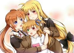 Rule 34 | 3girls, black legwear, blonde hair, blue eyes, blush, brown hair, couple, eye contact, family, fate testarossa, hair ornament, hair ribbon, hand around neck, holding hands, happy, heterochromia, hug, long hair, looking at another, lyrical nanoha, mahou shoujo lyrical nanoha, mahou shoujo lyrical nanoha strikers, mahou shoujo lyrical nanoha vivid, mikasa-01, military, military uniform, mother and daughter, multiple girls, neck ribbon, open mouth, pantyhose, red eyes, ribbon, side ponytail, simple background, smile, takamachi nanoha, two-tone background, uniform, very long hair, yuri
