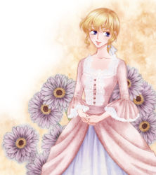 Rule 34 | 1girl, bad id, bad pixiv id, blonde hair, blue eyes, dress, floral background, flower, gown, own hands clasped, j2 (joki455), lace, own hands together, pink dress, ponytail, rosalie lamorliere, short hair, smile, solo, versailles no bara, wide sleeves