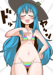 Rule 34 | 1girl, bikini, black hat, blue hair, breasts, closed eyes, commentary, cowboy shot, doyagao, facing viewer, groin, hand on own chest, hand on own hip, hat, hinanawi tenshi, long hair, lowleg, lowleg bikini, multicolored stripes, navel, open mouth, simple background, small breasts, smile, smug, solo, standing, string bikini, striped bikini, striped clothes, swimsuit, thigh gap, tilted headwear, touhou, translated, twitter username, very long hair, zannen na hito