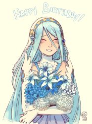 Rule 34 | 1girl, absurdres, anklet, azura (fire emblem), blue hair, blush, closed eyes, fire emblem, fire emblem fates, flower, highres, jewelry, long hair, nintendo, simple background, smile, solo, ticcy, veil, white background