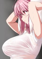 Rule 34 | 1girl, arms up, blush, bra, breasts, commentary request, floral print, from side, gradient background, grey background, hair between eyes, highres, large breasts, no headwear, nori tamago, parted lips, pink hair, red eyes, saigyouji yuyuko, see-through, shirt, short hair, short sleeves, solo, sweat, touhou, towel, towel on head, underwear, upper body, wet, wet clothes, wet shirt, white bra, white shirt