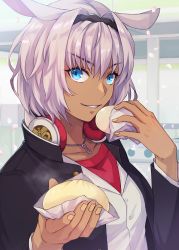 Rule 34 | 1girl, animal ears, black jacket, blue eyes, caenis (fate), collarbone, collared jacket, collared shirt, dark-skinned female, dark skin, falling petals, fate/grand order, fate (series), food, giving, headphones, headphones around neck, highres, holding, holding food, jacket, jewelry, looking at viewer, necklace, outdoors, parted lips, petals, red shirt, rokuo016, shirt, short hair, smile, solo, white hair, white shirt