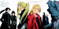 Rule 34 | alphonse elric, armor, back-to-back, black hair, black jacket, blonde hair, blue eyes, edward elric, full armor, fullmetal alchemist, highres, jacket, lan fan, ling yao, official art, ponytail, red jacket, riza hawkeye, roy mustang, scan, simple background, white background, winry rockbell, yellow eyes