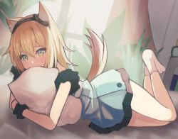 Rule 34 | 1girl, animal ears, arknights, black bow, black hairband, black wristband, blonde hair, blush, book, bow, dog ears, dog girl, dog tail, dress, full body, green dress, green eyes, hair between eyes, hair bow, hairband, highres, long hair, looking at viewer, lying, hugging object, official alternate costume, on side, pillow, pillow hug, plant, podenco (arknights), podenco (wake up from a nap) (arknights), red curtains, sanukiske, solo, tail, white legwear, window, wristband