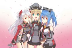 Rule 34 | 10s, 3girls, anchor necklace, artist request, azur lane, blonde hair, blue eyes, blue hair, breasts, cross, finger to mouth, gloves, gradient background, hair ornament, hat, iron cross, jewelry, kantai collection, looking at viewer, military, military uniform, multiple girls, name connection, necklace, open mouth, peaked cap, petals, prinz eugen (azur lane), prinz eugen (kancolle), prinz eugen (warship girls r), qijiang dayou, red eyes, sideboob, silver hair, trait connection, twintails, uniform, warship girls r