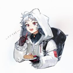 Rule 34 | 1boy, animal hood, arknights, bag, birthday cake, black shirt, cake, candle, collared shirt, cropped torso, fangs, food, gradient background, grey background, grey hair, highres, holding, holding candle, holding plate, hood, hood up, hooded jacket, jacket, looking at viewer, male focus, open mouth, plate, qanipalaat (arknights), red eyes, shirt, solo, thick eyebrows, translation request, upper body, white background, white jacket, yyb