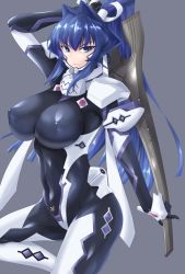 Rule 34 | 1girl, blue eyes, blue hair, bodysuit, breasts, covered erect nipples, covered navel, cureecoolan, fortified suit, grey background, hair intakes, holding, holding sword, holding weapon, impossible clothes, large breasts, long hair, looking at viewer, mitsurugi meiya, muv-luv, muv-luv alternative, pilot suit, skin tight, solo, sword, v-shaped eyebrows, weapon