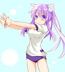 Rule 34 | 10s, 1girl, alternate costume, blue background, blush, breasts, buruma, cowboy shot, d-pad, female focus, gym uniform, hair between eyes, hair ornament, long hair, looking at viewer, nepgear, neptune (series), outstretched arms, ponytail, purple eyes, purple hair, shirt, simple background, solo, standing, taka (suigendou), uniform, white shirt