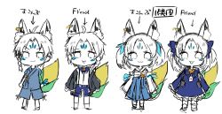 Rule 34 | 2boys, 2girls, :3, ahoge, animal ear fluff, animal ears, arrow (symbol), blouse, blue dress, blue shorts, bow, bowtie, braid, commentary request, corn, dress, earrings, fox boy, fox ears, fox girl, grey jacket, hair between eyes, hair bow, highres, hololive, jacket, japanese clothes, jewelry, kimono, looking at viewer, multiple boys, multiple girls, open clothes, open jacket, open mouth, parted bangs, personification, shirakami fubuki (artist), shirt, shorts, sidelocks, single braid, sketch, sukonbu (shirakami fubuki), translation request, two side up, virtual youtuber, white shirt
