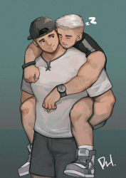 Rule 34 | 2boys, absurdres, backwards hat, bara, biceps, black hair, carrying, facial hair, hat, highres, looking at another, male focus, multiple boys, muscular, muscular male, original, peterhl, piggyback, shirt, short hair, shorts, signature, simple background, sleeping, stubble, t-shirt, thighs, watch, white hair, wristwatch, yaoi