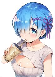 Rule 34 | 1girl, ayamy, bare shoulders, blue eyes, blue hair, blush, breasts, bubble tea, cleavage, cleavage cutout, clothing cutout, collarbone, commentary request, cup, disposable cup, drinking, drinking straw, grey shirt, hair ornament, hair over one eye, highres, holding, holding cup, large breasts, looking at viewer, matching hair/eyes, milk tea, re:zero kara hajimeru isekai seikatsu, rem (re:zero), ribbed shirt, shirt, short hair, short sleeves, sidelocks, simple background, solo, upper body, white background, x hair ornament