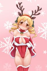 Rule 34 | 1girl, absurdres, alternate costume, animal ears, antlers, bell, blonde hair, blush, breasts, cape, christmas, cleavage, closed mouth, commentary, covered navel, cowboy shot, crossed arms, deer ears, drill hair, elbow gloves, fake animal ears, fake antlers, fur-trimmed cape, fur-trimmed gloves, fur-trimmed legwear, fur-trimmed leotard, fur trim, gloves, green ribbon, hair ribbon, head tilt, highleg, highleg leotard, highres, horns, large breasts, leotard, looking at viewer, mahou shoujo madoka magica, mahou shoujo madoka magica (anime), medium hair, pink background, red cape, red leotard, red thighhighs, reindeer antlers, ribbon, santa costume, smile, snowflake background, solo, standing, strapless, strapless leotard, striped clothes, striped leotard, striped thighhighs, thigh gap, thighhighs, thighs, tomoe mami, twin drills, vertical-striped clothes, vertical-striped leotard, vertical-striped thighhighs, white gloves, yanmaami, yellow eyes