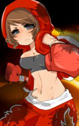 1girl bad_id bad_pixiv_id boxing_gloves breasts brown_hair cleavage female_focus grey_eyes hood hoodie junior_(namatamemisa) medium_breasts midriff open_clothes open_hoodie punching roger&#039;s_wife_(tekken) roger_jr. short_hair shorts solo strapless tekken tube_top